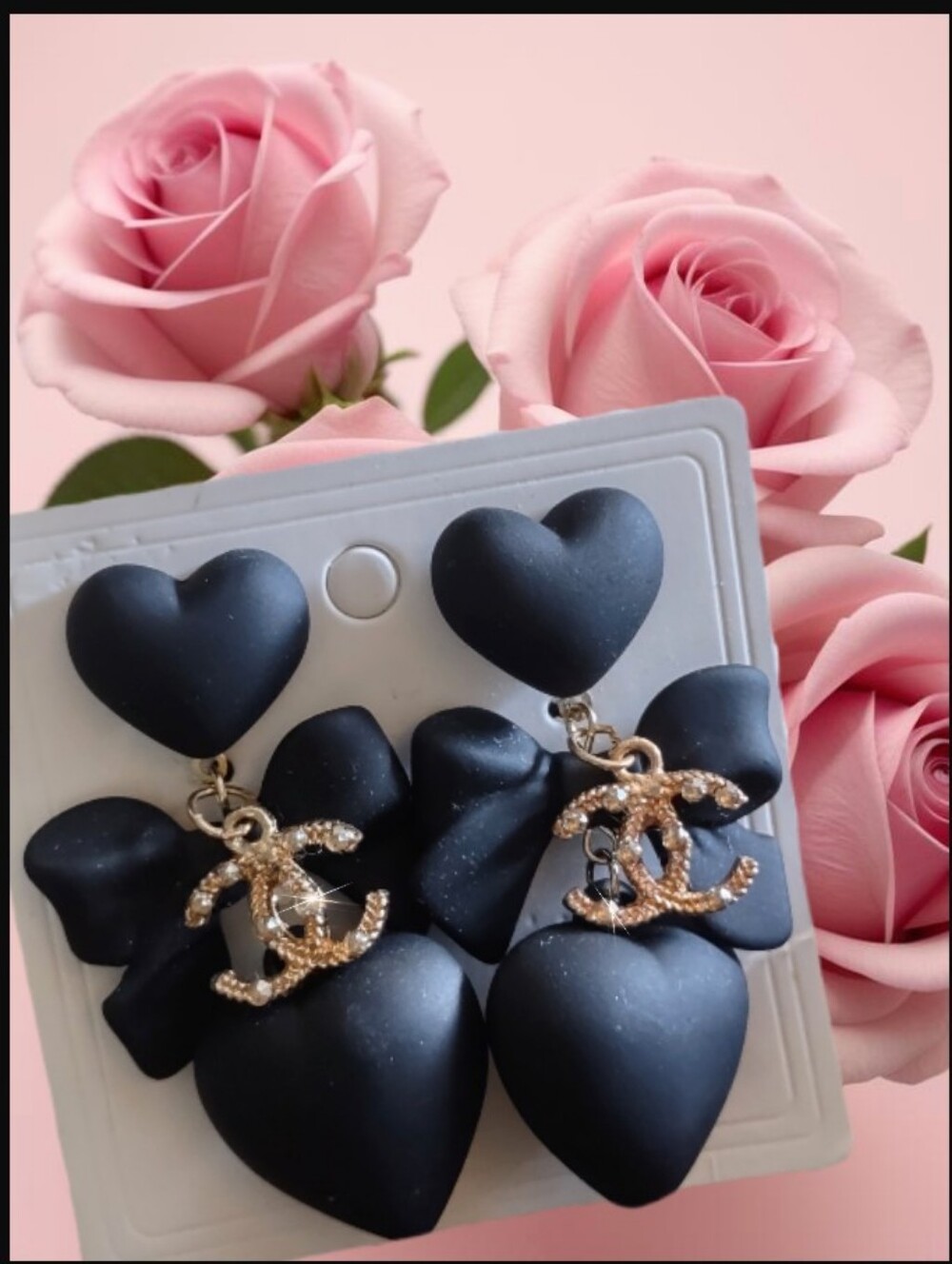 Pr of Black Puffy Hearts Pierced Earrings with Gold Dangle Charms New on Card